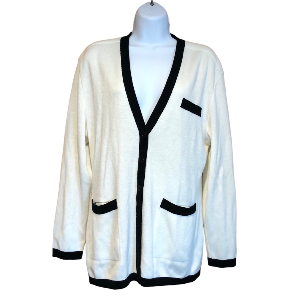 Vtg 80s Sandra Roth CIAO Sport Cardigan sweater M Black White Pockets /Buttons